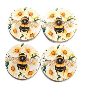 BEES! Bee Ceramic Coasters Hand-Decorated 4" Waterproof with Cork Backs